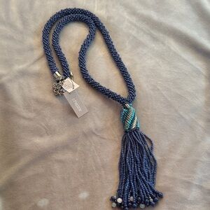Chico's Navy and Teal Beaded Tassel Necklace